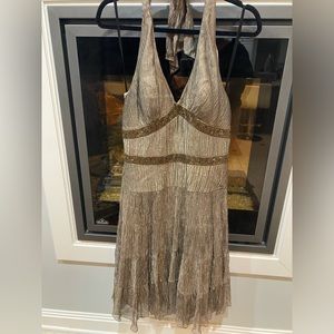 Vintage Gold Silk Metallic Blend ,Beading Halter Fairy Cache Formal Dress Sz-8